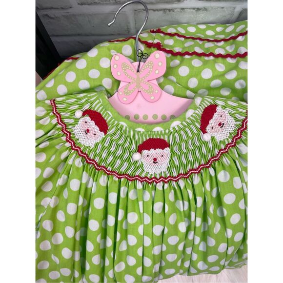 Smockadot Kids Size 3T Santa Face Embroidered on Green White Dotted Dress - Picture 5 of 8